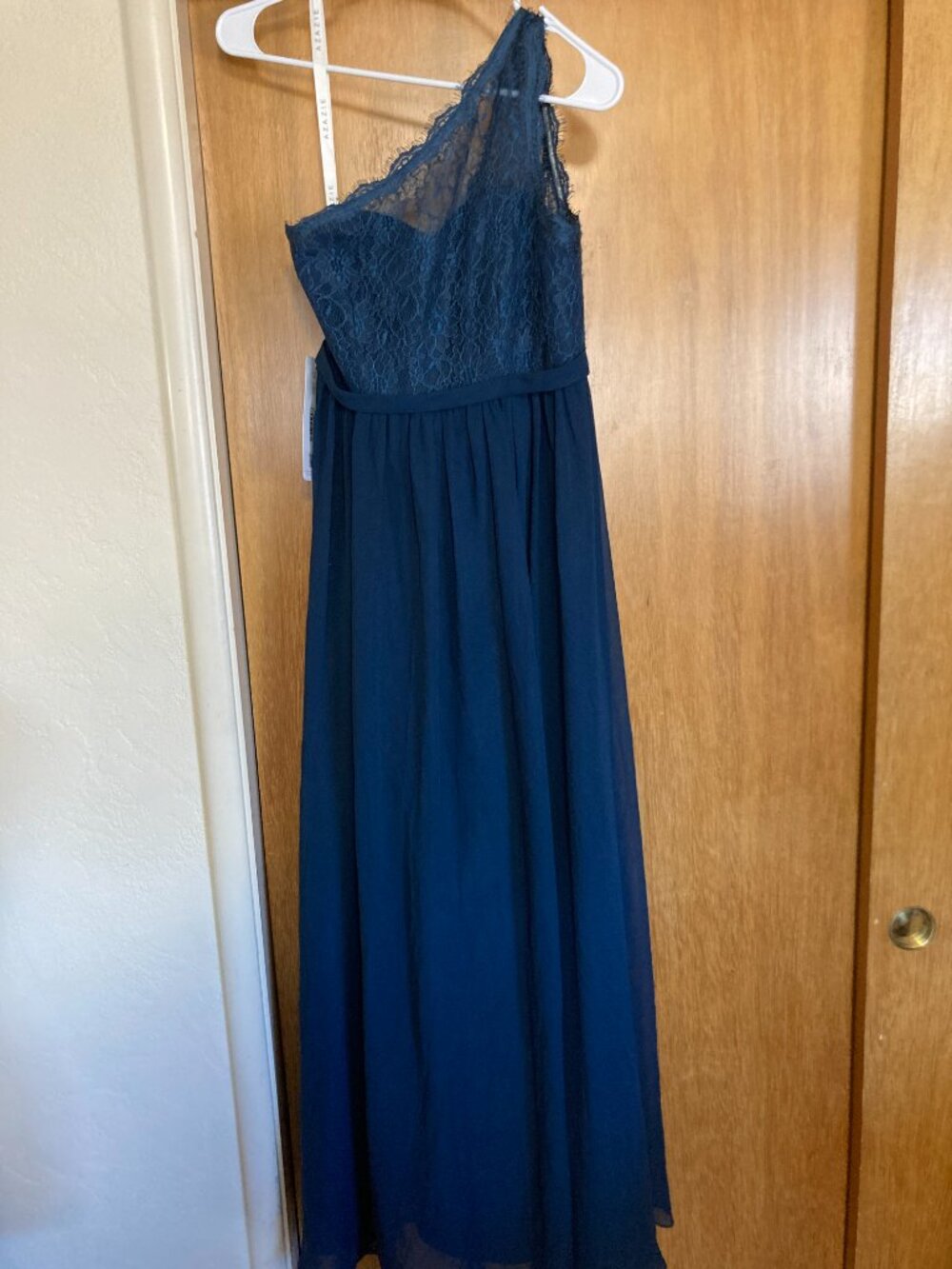 Azazie one shoulder dark navy blue long chiffon bridesmaid dress